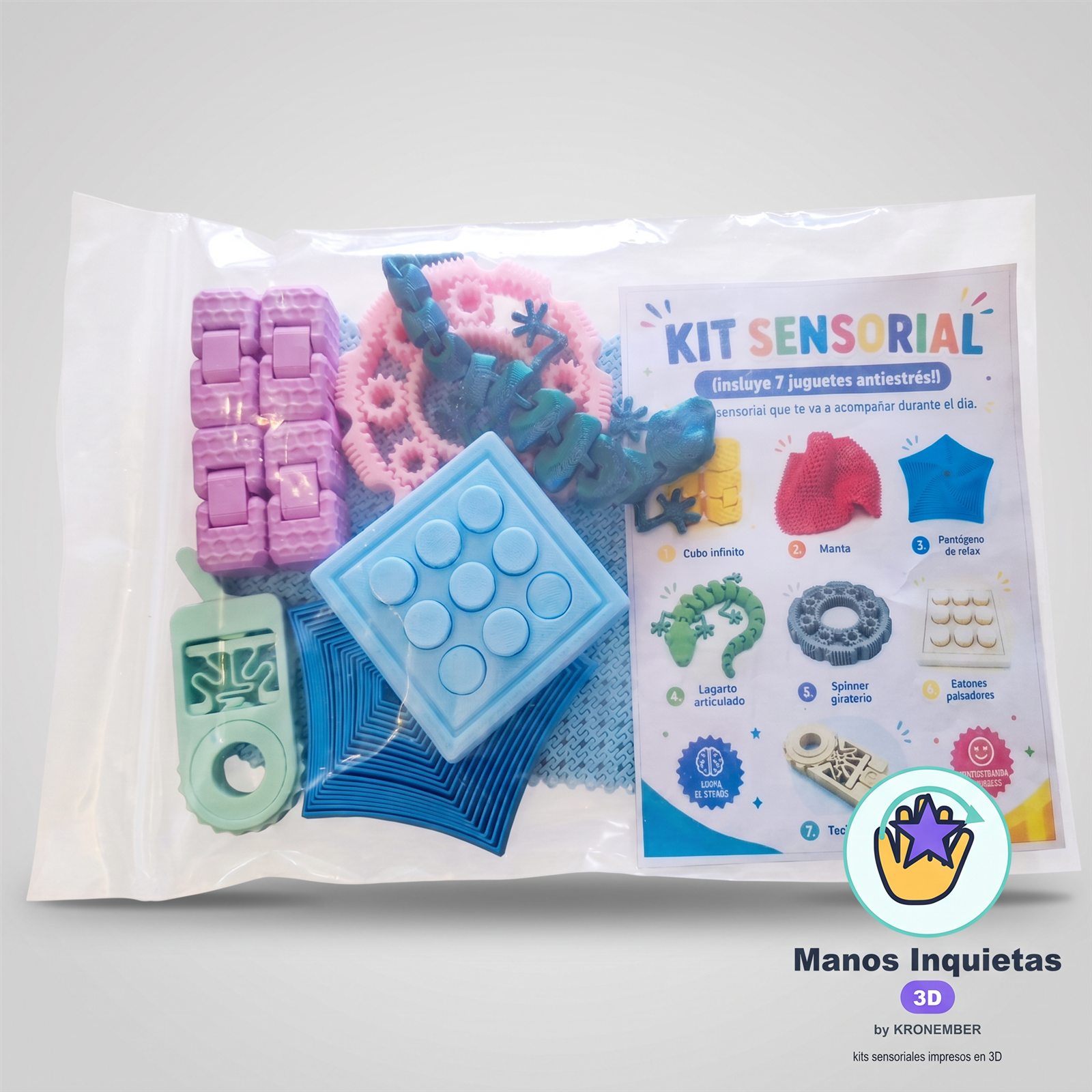 Kit Manos Inquietas 3D completo presentado en una bolsa transparente