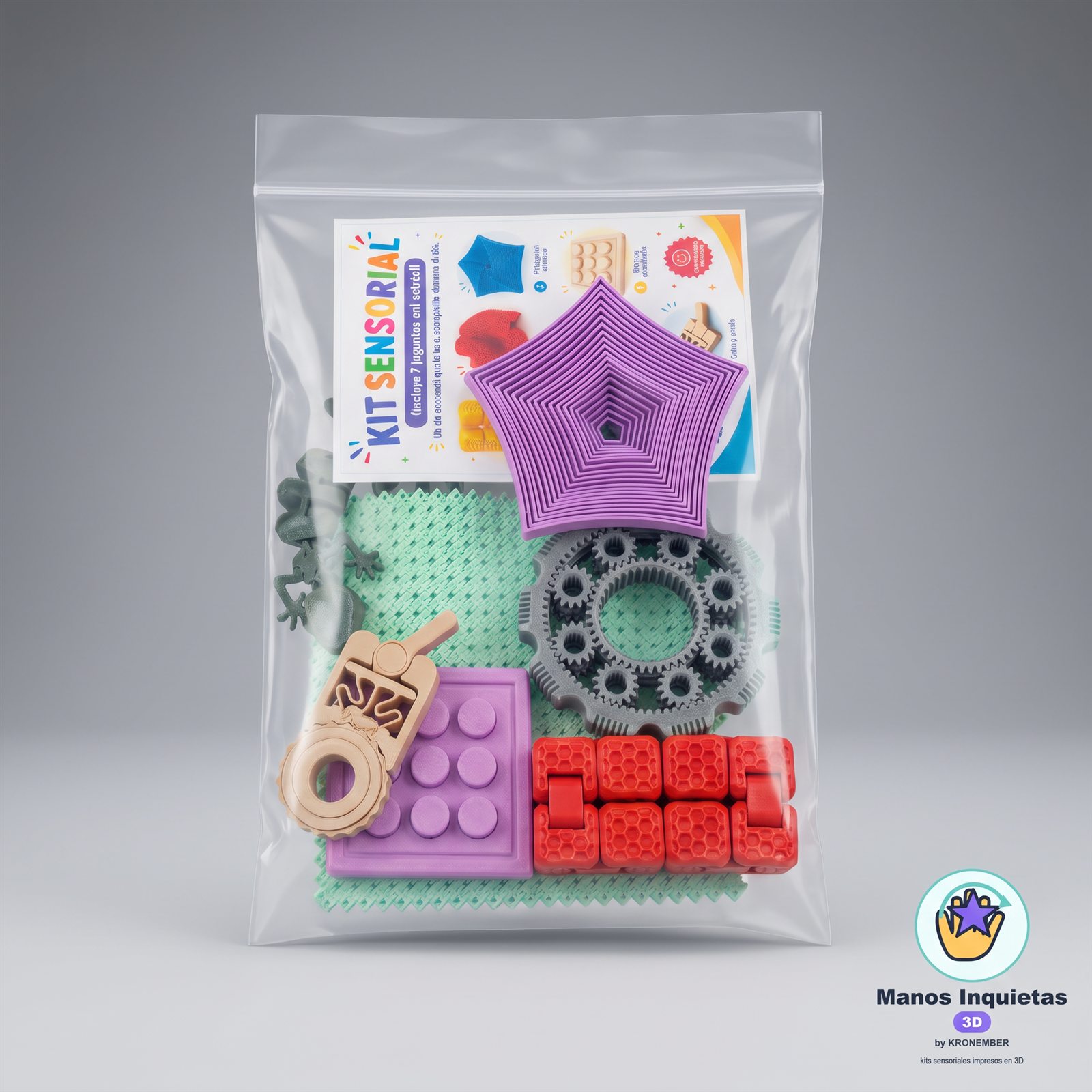 Vista frontal del kit sensorial con sus piezas impresas en 3D